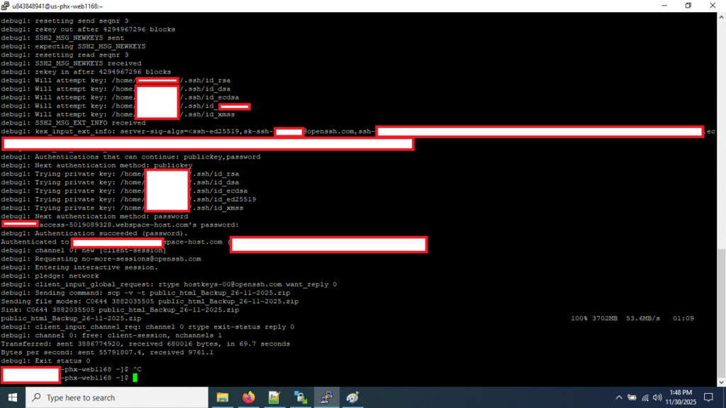 Live SCP transfer with percentage, speed and ETA visible