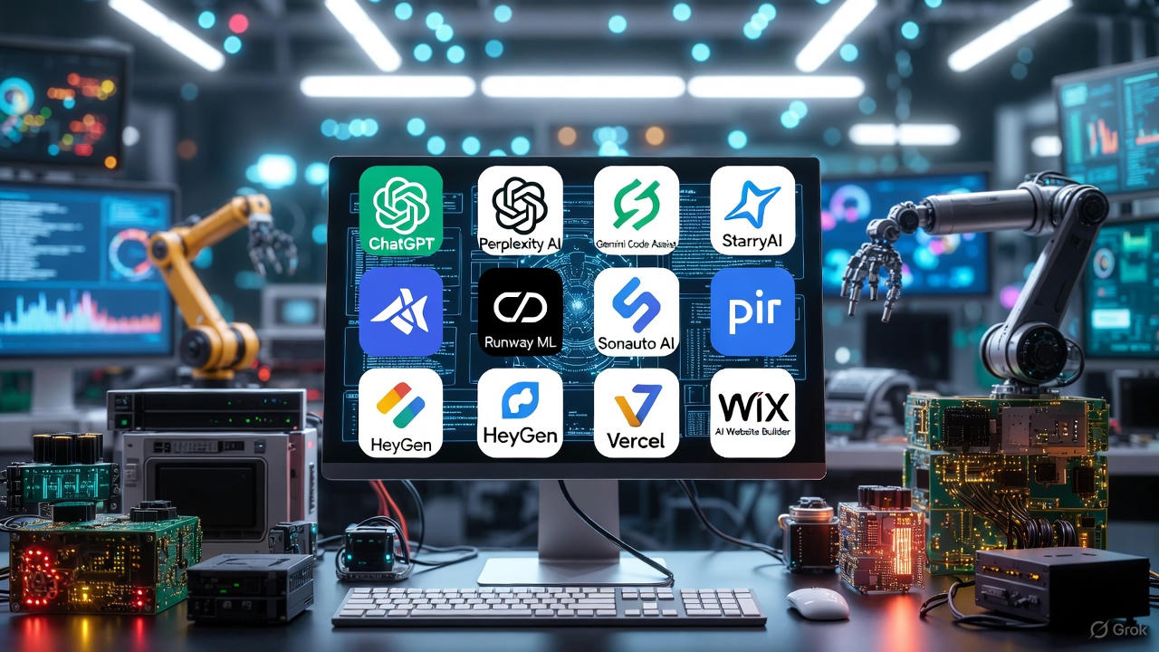 12 best free AI tools 2025: ChatGPT, Perplexity AI, Gemini Code Assist, StarryAI, Runway ML, Sonauto, Pi.ai, HeyGen, Vercel, Wix AI – logos displayed on a futuristic monitor surrounded by robotic arms in a high-tech lab.