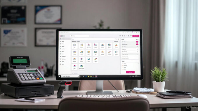 ඔඩූ POS මෘදුකාංගය Windows PC එකේ ධාවනය වන ආකාරය – Odoo POS interface on computer with cash drawer and barcode scanner for Sri Lankan small business