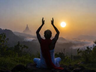 Serene meditator in Shambhavi Mahamudra Kriya at sunrise in Sri Lanka, experiencing divine bliss, tears of ecstasy, Inner Engineering and Vipassana spiritual awakening