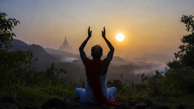 Serene meditator in Shambhavi Mahamudra Kriya at sunrise in Sri Lanka, experiencing divine bliss, tears of ecstasy, Inner Engineering and Vipassana spiritual awakening